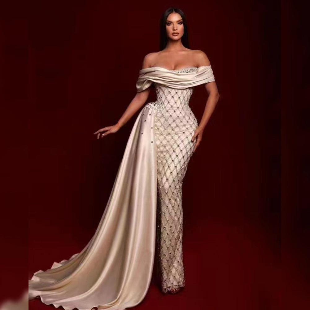 Off Shoulder Short Sleeve Draping Corset Gown