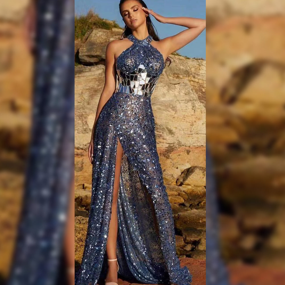 Round Neck Sleeveless Maxi Sequins Dress