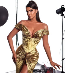 Off Shoulder Short Sleeve Maxi Metallic Bodycon Dress