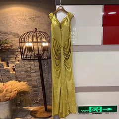 Off Shoulder Short Sleeve Maxi Metallic Bodycon Dress