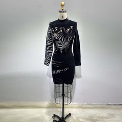 High Neck Long Sleeve Mini Patterned Bodycon Dress