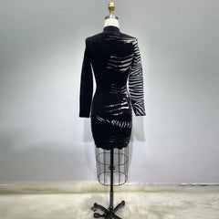 High Neck Long Sleeve Mini Patterned Bodycon Dress