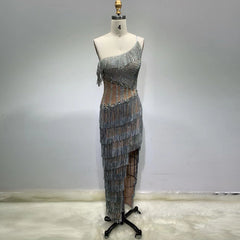 One Shoulder Short Sleeve Maxi Diamente Embellished Bodycon Dress