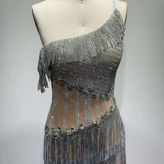 One Shoulder Short Sleeve Maxi Diamente Embellished Bodycon Dress