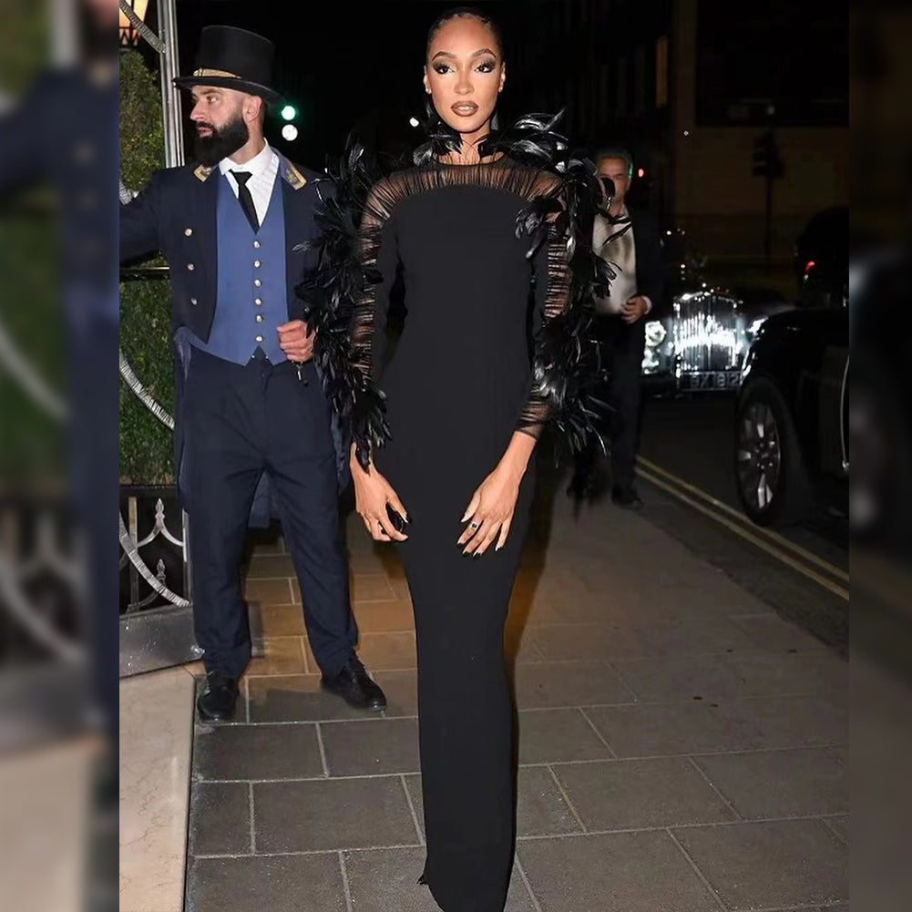 Round Neck Feather Maxi Bodycon Dress