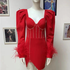 Square Collar Long Sleeve Feather Mini Bodycon Dress