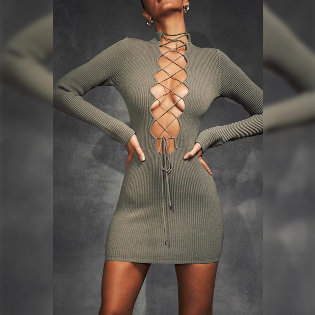 High Neck Long Sleeve Tie Mini Bodycon Dress