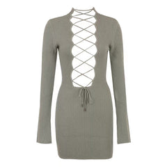 High Neck Long Sleeve Tie Mini Bodycon Dress