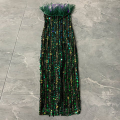 Strapless Sleeveless Feather Maxi Bodycon Dress