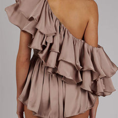 One Shoulder Short Sleeve Frill Bodycon Jumpsuit