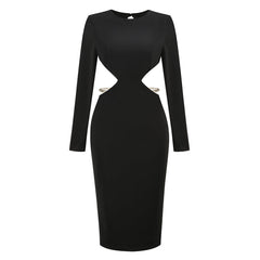 Round Neck Long Sleeve Chain Midi Bodycon Dress