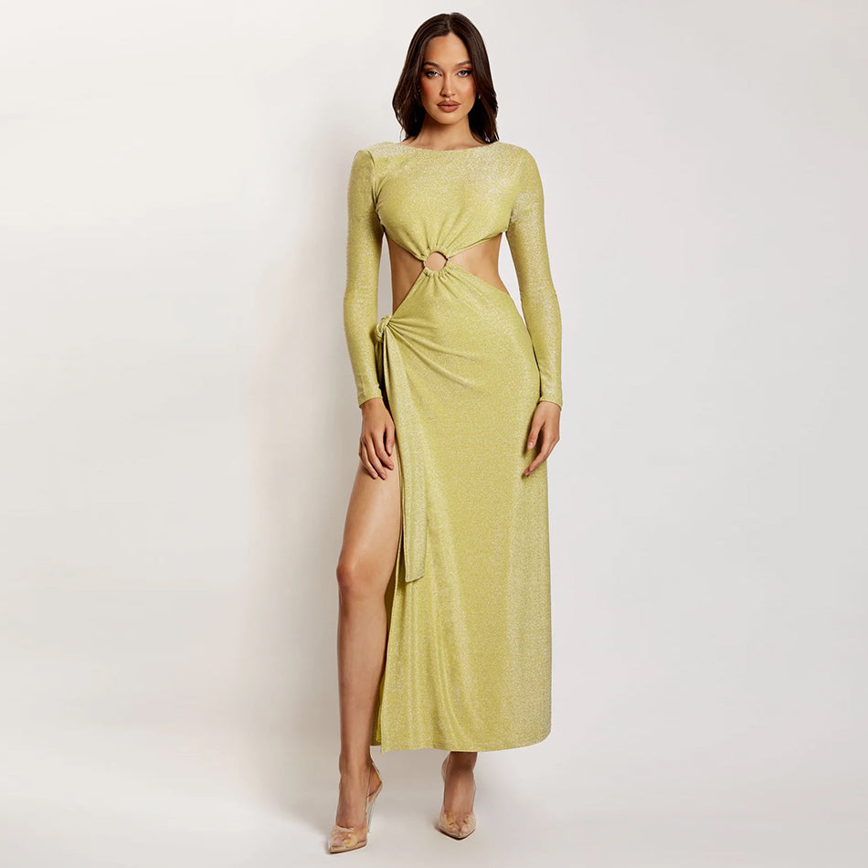 Round Neck Long Sleeve Maxi Exposed Waist Bodycon Dress