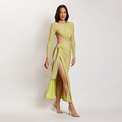 Round Neck Long Sleeve Maxi Exposed Waist Bodycon Dress
