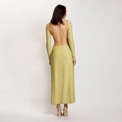 Round Neck Long Sleeve Maxi Exposed Waist Bodycon Dress