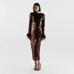 Round Neck Sequins & Feather Bodycon Dress KLYF608