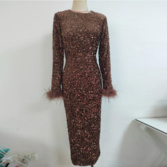 Round Neck Sequins & Feather Bodycon Dress KLYF608