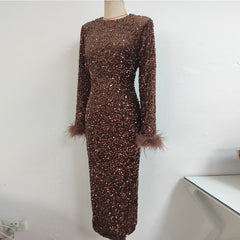 Round Neck Sequins & Feather Bodycon Dress KLYF608