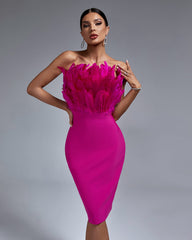 Strapless Feather Midi Bandage Dress