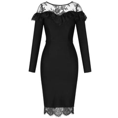 Round Neck Long Sleeve Lace Over Knee Bandage Dress