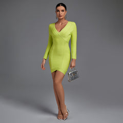 V Neck 3/4 Sleeve Striped Mini Bandage Dress