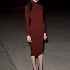 High Neck Long Sleeve Plain Over Knee Bandage Dress