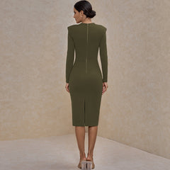 Square Collar Long Sleeve Plain Over Knee Bandage Dress