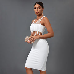 Square Collar Sleeveless Striped Midi Bandage Dress