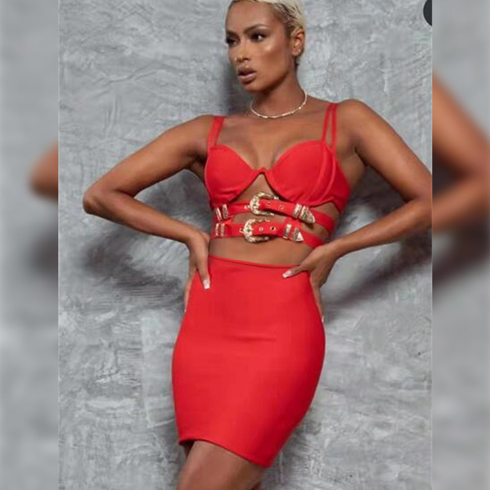 Strappy Sleeveless Metal Belt Mini Bandage Dress