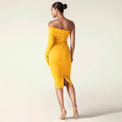 Off Shoulder One Sleeve Midi Bandage Dress