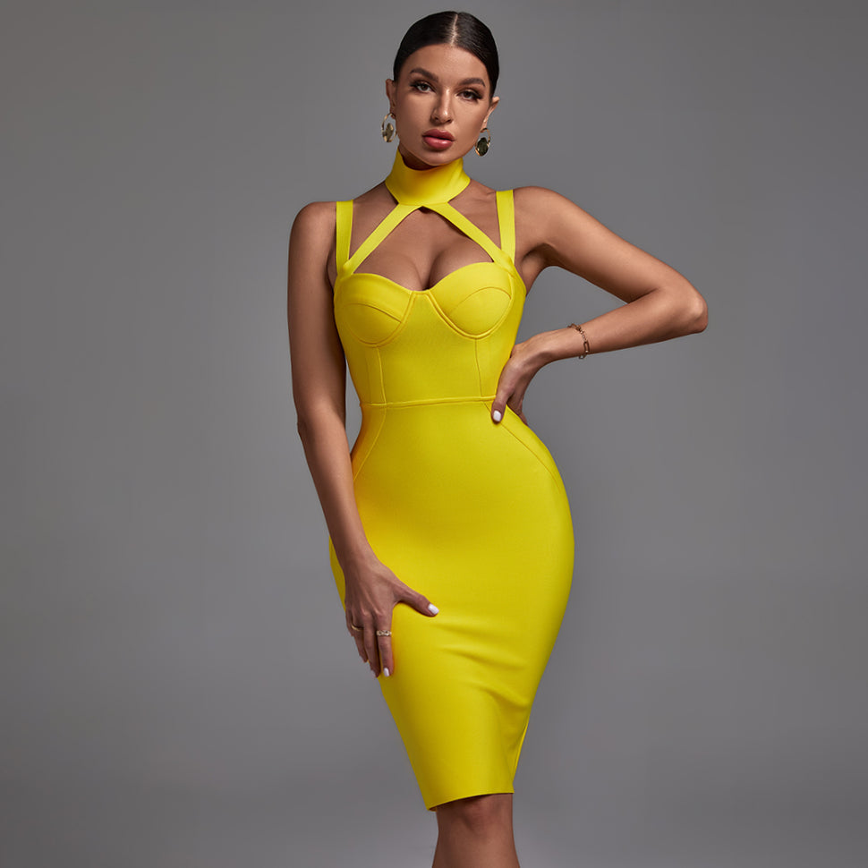 High Neck Sleeveless Hollow out Midi Bandage Dress