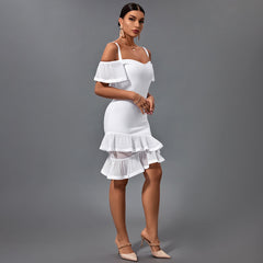 Short Sleeve Strappy Frill Midi Bandage Dress