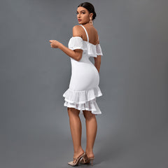 Short Sleeve Strappy Frill Midi Bandage Dress