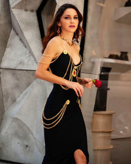 Metal Ornamental Buckle Chain Maxi Bandage Dress