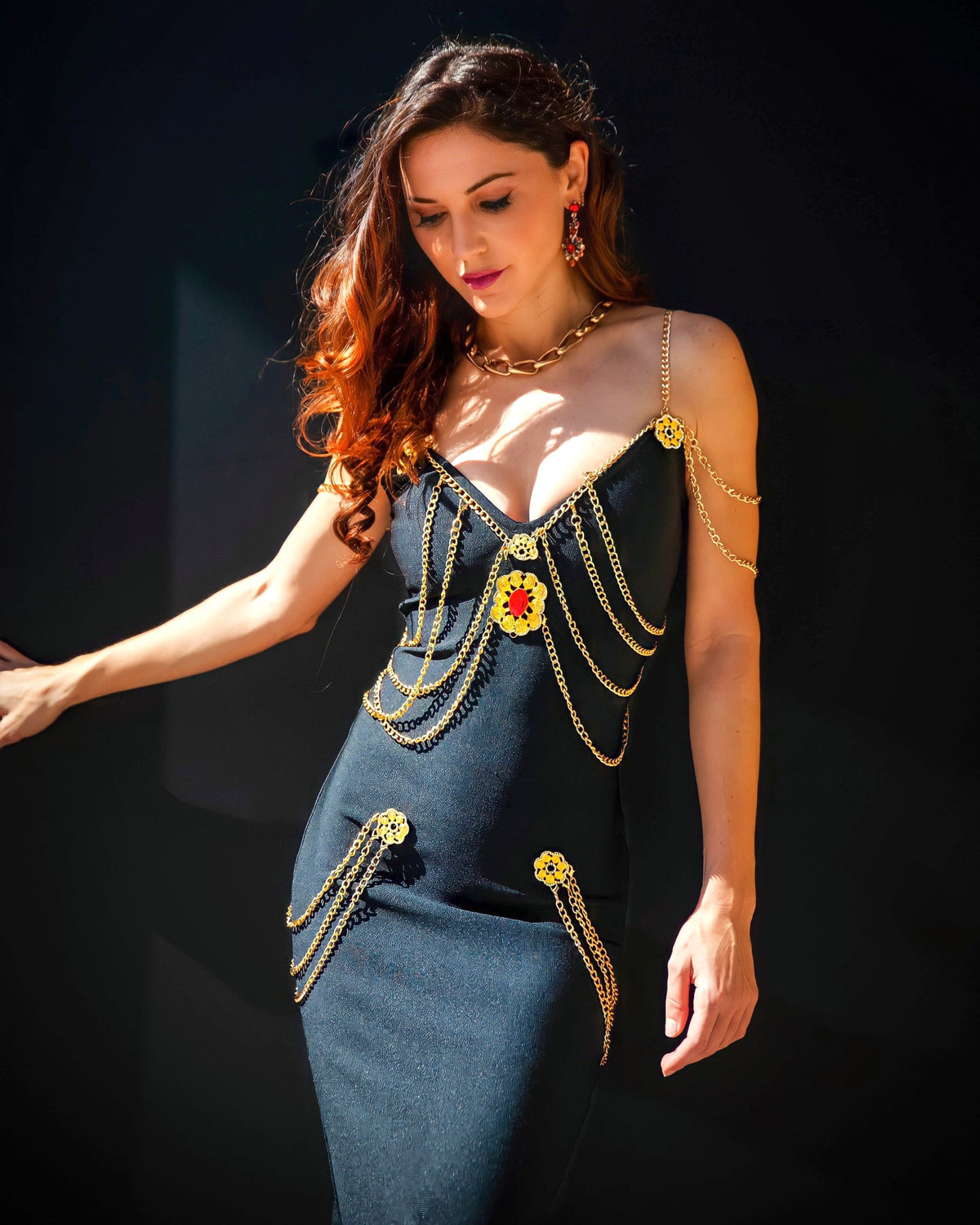 Metal Ornamental Buckle Chain Maxi Bandage Dress