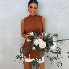 High Neck Sleeveless Plaid Mini Bandage Dress