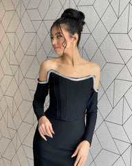 Off Shoulder Rhinestone Midi Bandage Dress