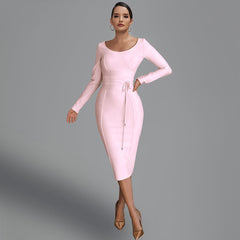 Round Neck Long Sleeve Tie Midi Bandage Dress