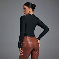 Round Neck Long Sleeve Zipper Bandage Jacket