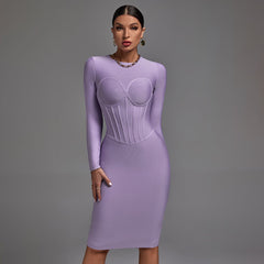 Round Neck Long Sleeve Striped Midi Bandage Dress