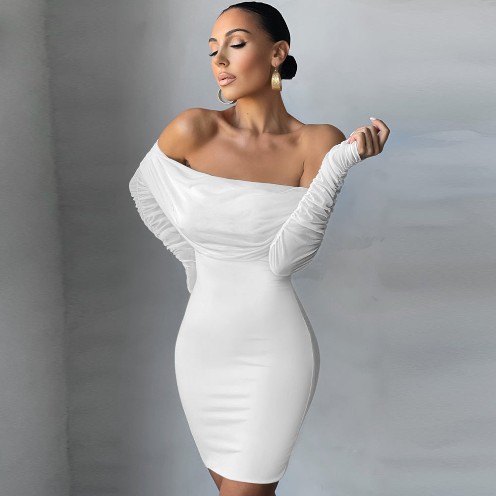 Off Shoulder Long Sleeve Frill Mini Bandage Dress