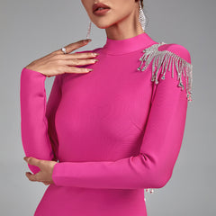 High Neck Backless Tassels Bandage Dress