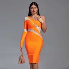 Tangerine Asymmetrical Mesh Bandage Dress