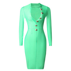 V Neck Long Sleeve Striped Midi Bandage Dress