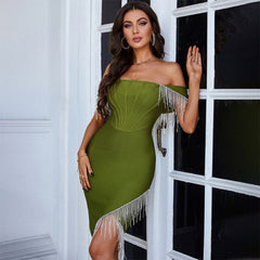 Off Shoulder Short Sleeve Tassels Midi Bandage Dress