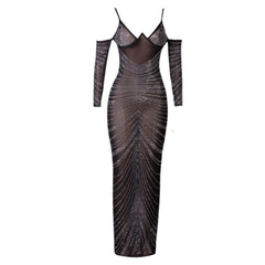 Strappy Long Sleeve Maxi Rhinestone Bandage Dress