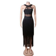 Round Neck Sleeveless Midi Tassels Bandage Dress