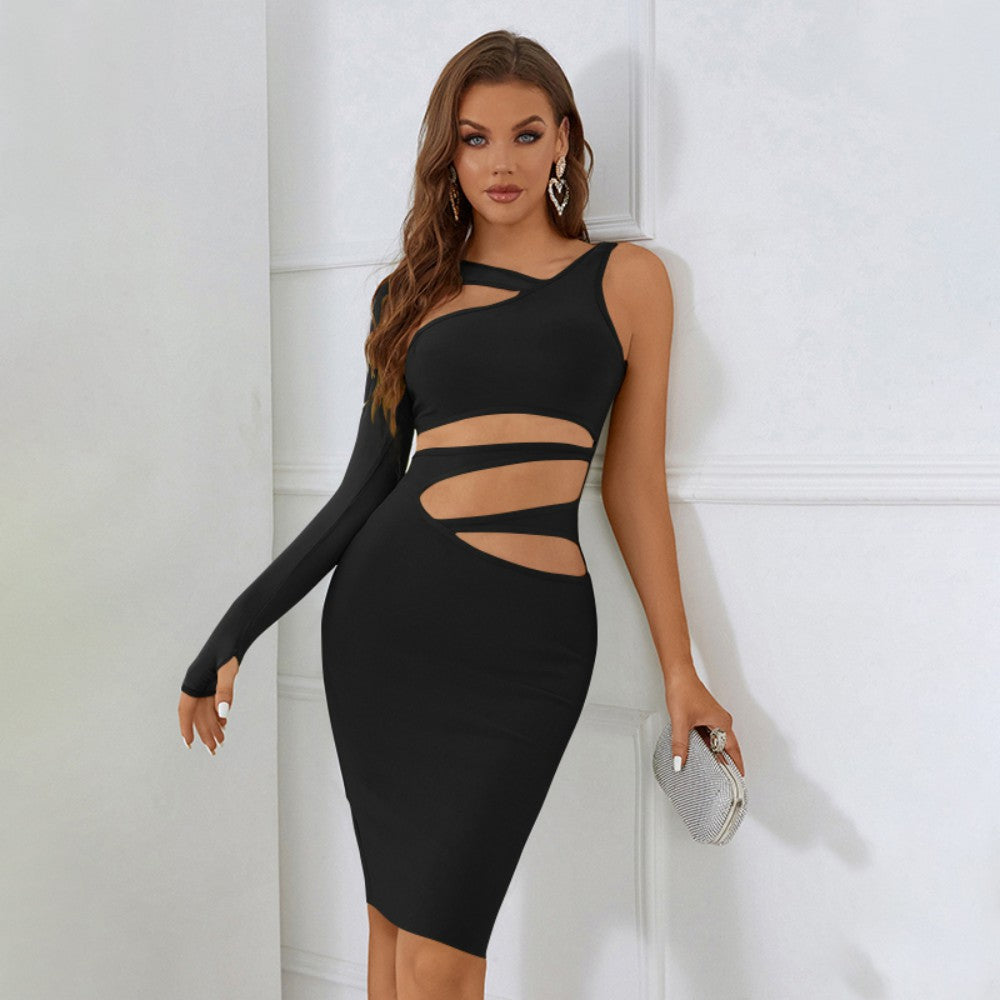 V Neck One Sleeve Midi Cut Out Bandage Dress