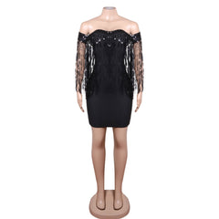 Off Shoulder Short Sleeve Mini Sequined Bandage Dress