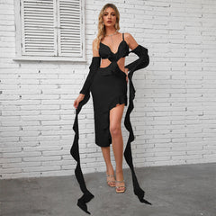 Strappy Long Sleeve Lace Up Midi Bandage Dress