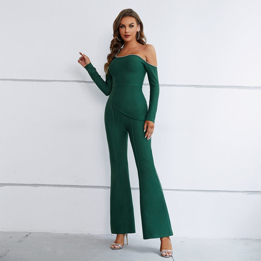 One Shoulder Long Sleeve Diamente Embellished Bandage Set